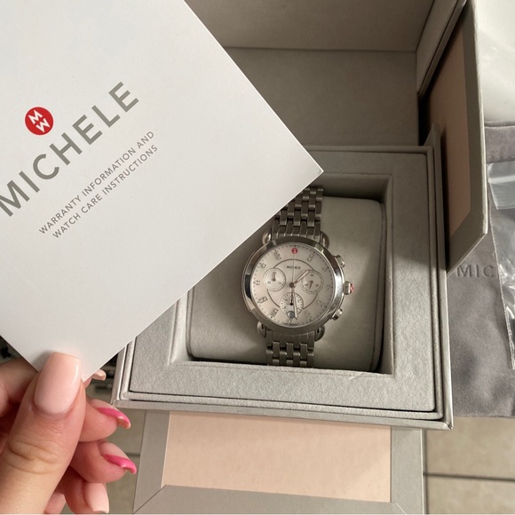 USED SLIGHTLY MICHELE SIDNEY MW30A00A0046 STAINLESS WHITE MOP DIAMOND DIAL WATCH - Picture 4 of 6